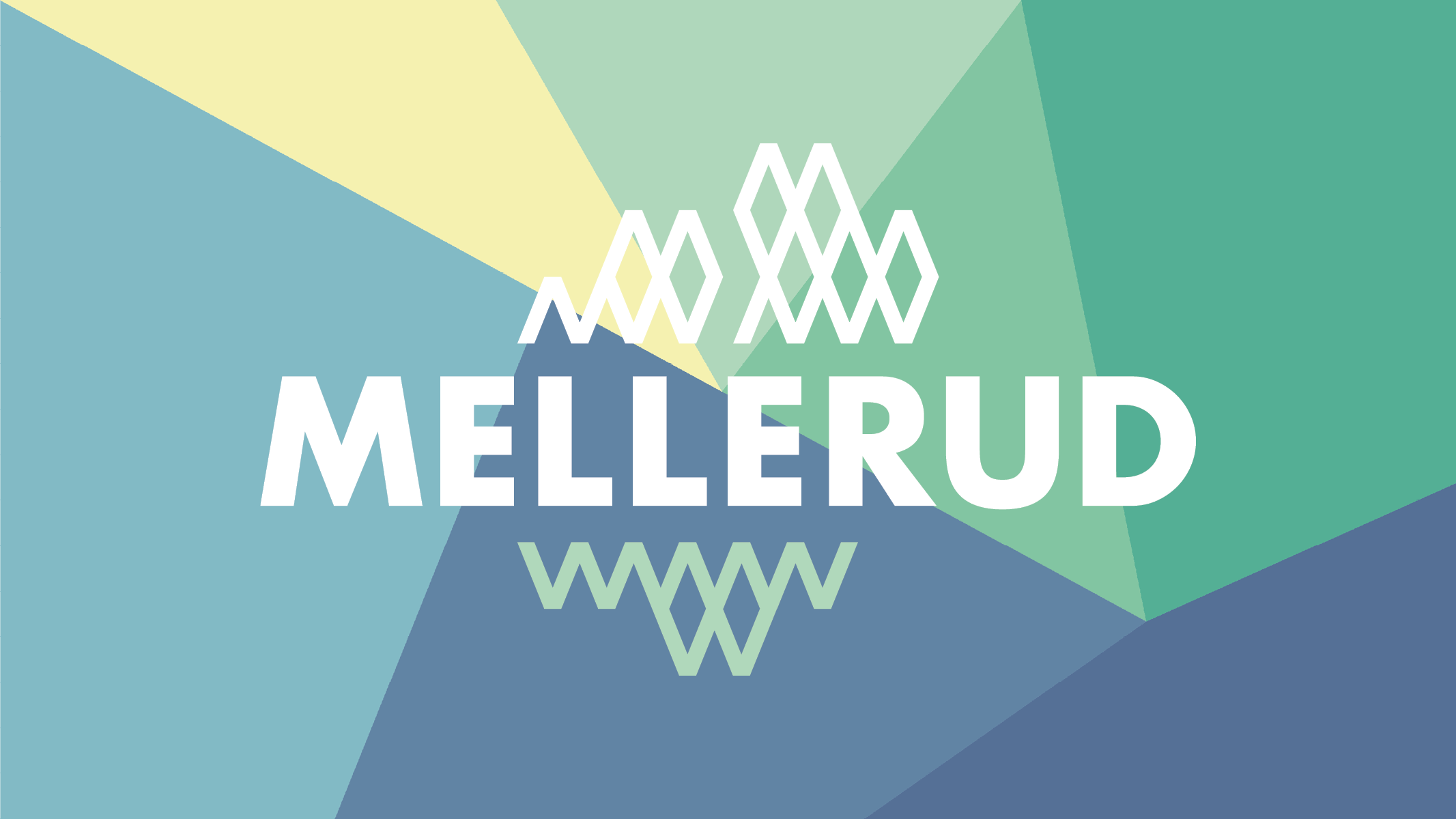En vit logotyp som består av texten Mellerud. Ovanför texten bildar bokstaven M en siluett av berg. Under texten speglar sig samma siluett av bokstaven M i ljusgrönt.