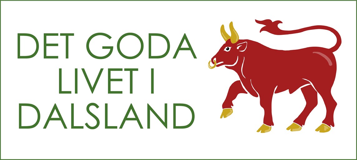 Bilden visar texten "Det goda livet i Dalsland" bredvid en röd tjur som symboliserar Dalsland